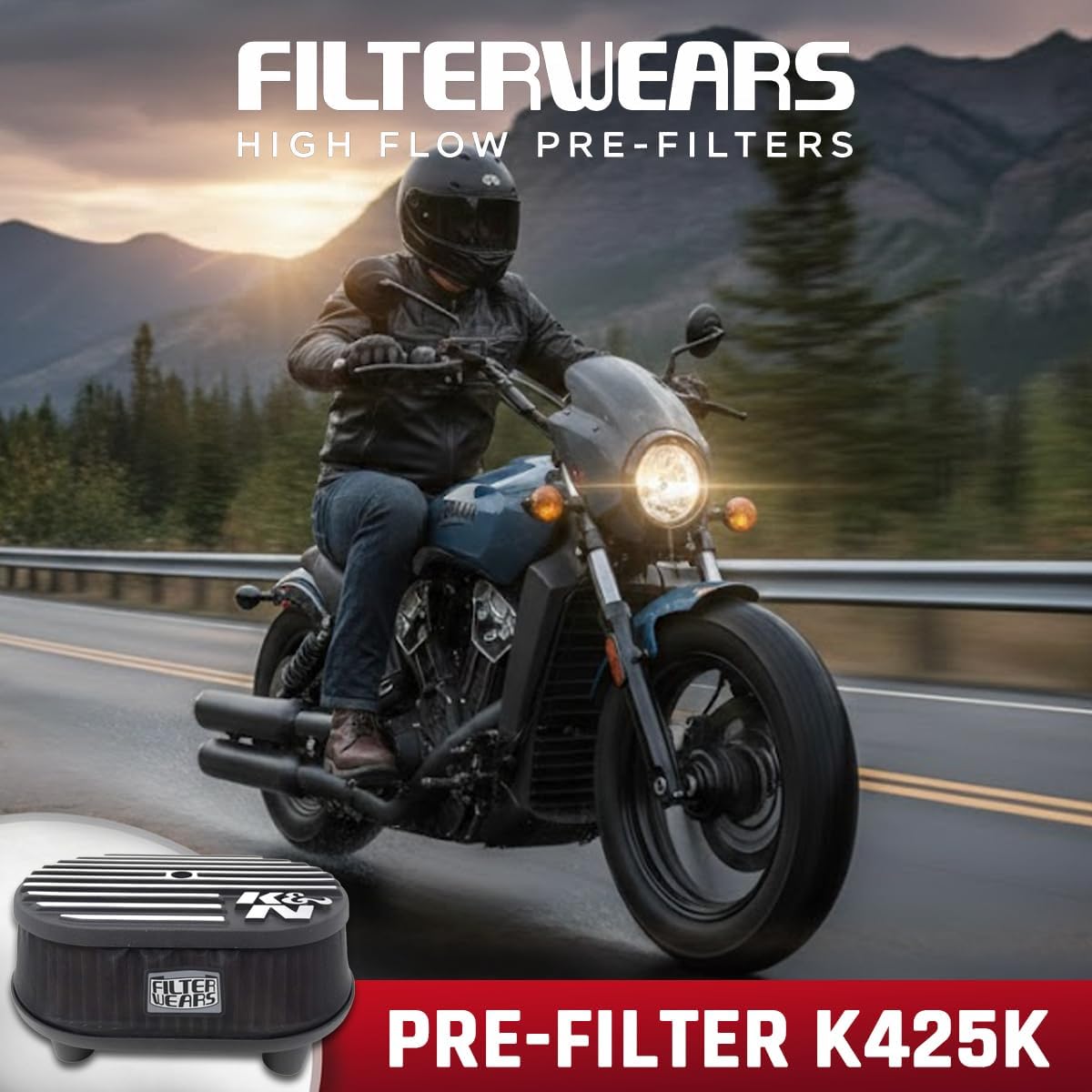 FILTERWEARS Pre-Filter K425K For Harley Davidson Ventilator Filter K&N Air Cleaner RK-3952 RK-3956 & Arlen Ness 600-099