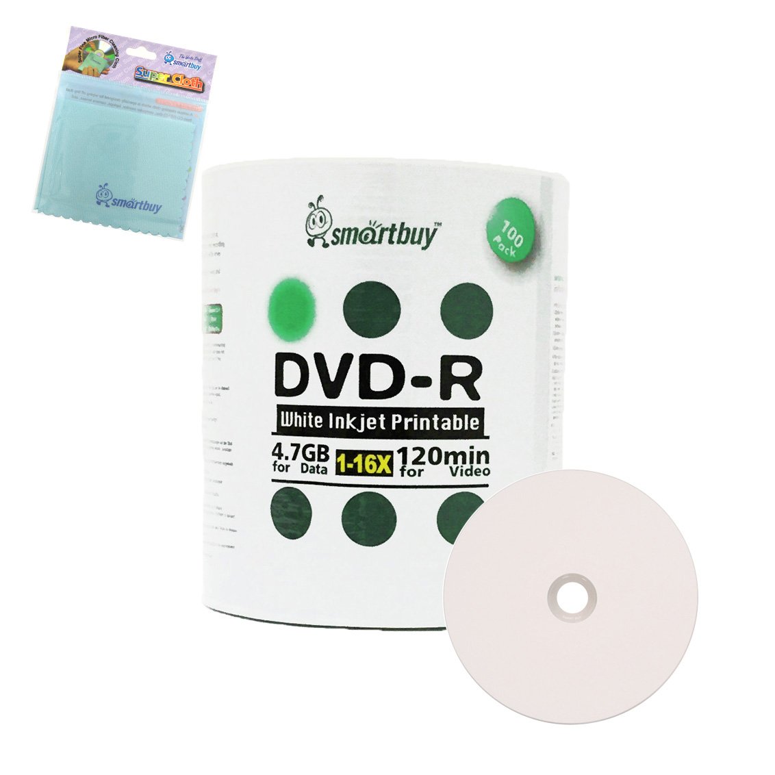 Smartbuy 100-disc 4. 7GB 120min 16x DVD-R White Inkjet Hub Printable Blank Media Disc Free Micro Fiber Cloth-image-31