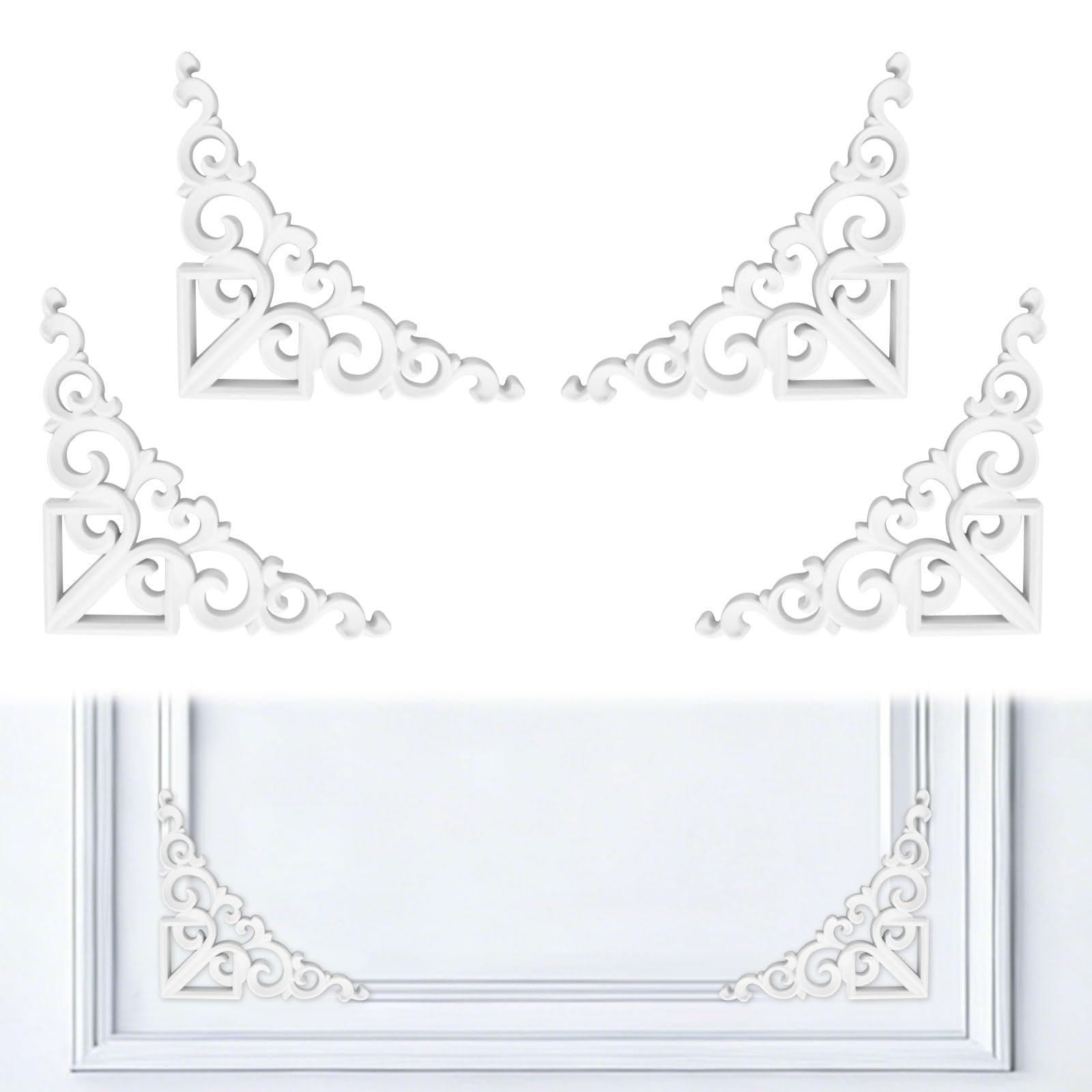 INCREWAY 4PCS White PVC Corner Wall Molding, French Style Wainscoting Accent Panel for Ceiling Cabinet Door Bed Dresser Mirror Furniture (17cm/6.69in)