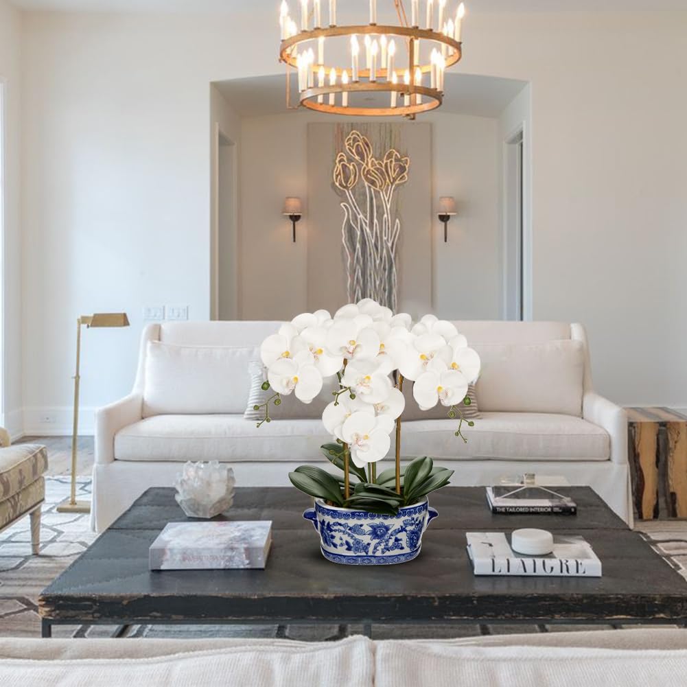 Briful Orchid Artificial Flowers in Blue and White Porcelain Pot 19.7" White Faux Silk Orchid Arrangement Large Fake Orchid Floral Centerpiece for Elegant Home Office Living Room Kitchen Table Decor - Image 4