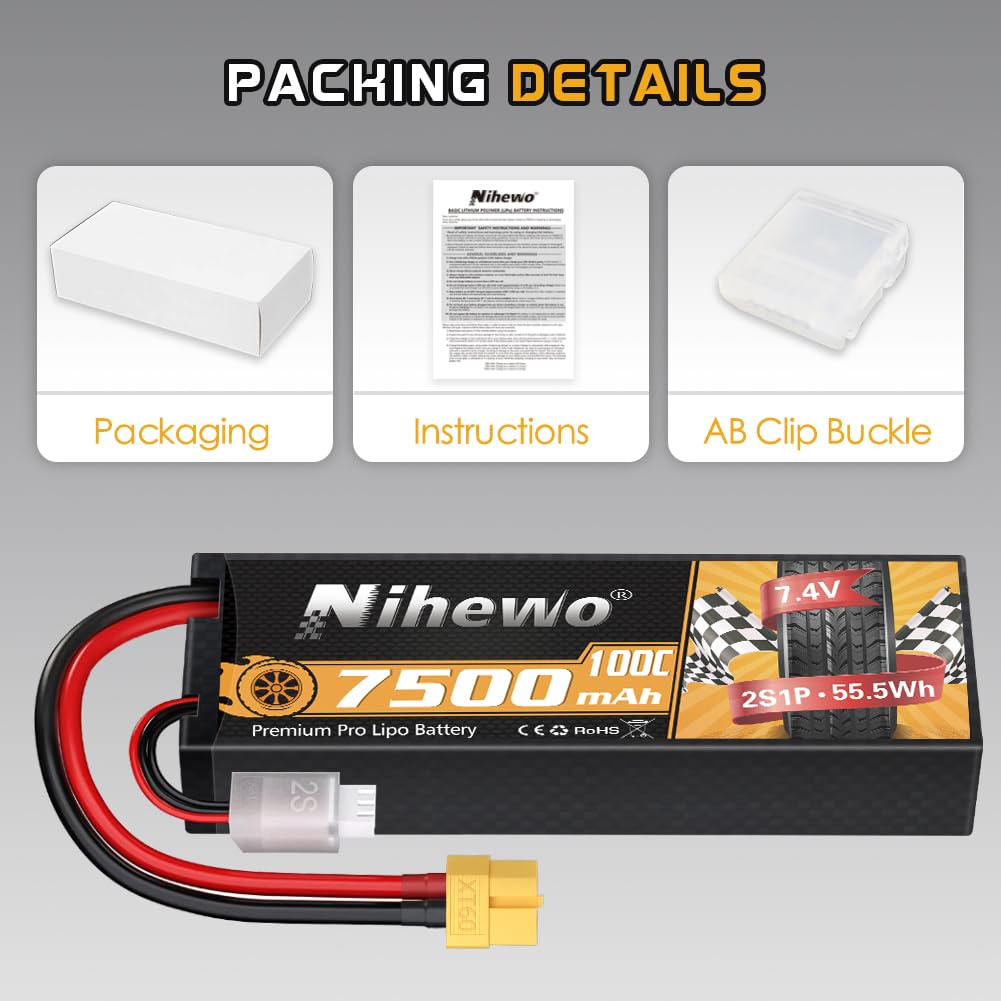 2Packs 2S Lipo Akku, 7,4V 7500mAh RC Akku 100C Hartschale Lipos XT60 Stecker Kompatibel mit 1/8 1/10 RC Car Truck Truggy Fahrzeugen Panzerboot Flugzeugmodellen
