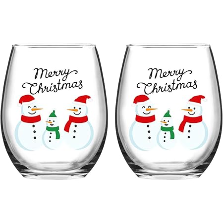 Merry Christmas Snowmen Stemless Wine Glass Set, 15 Oz Funny Stemless Wine Glasses for Women Friends Men, Gift Idea for Christmas Wedding Party, Set of 2