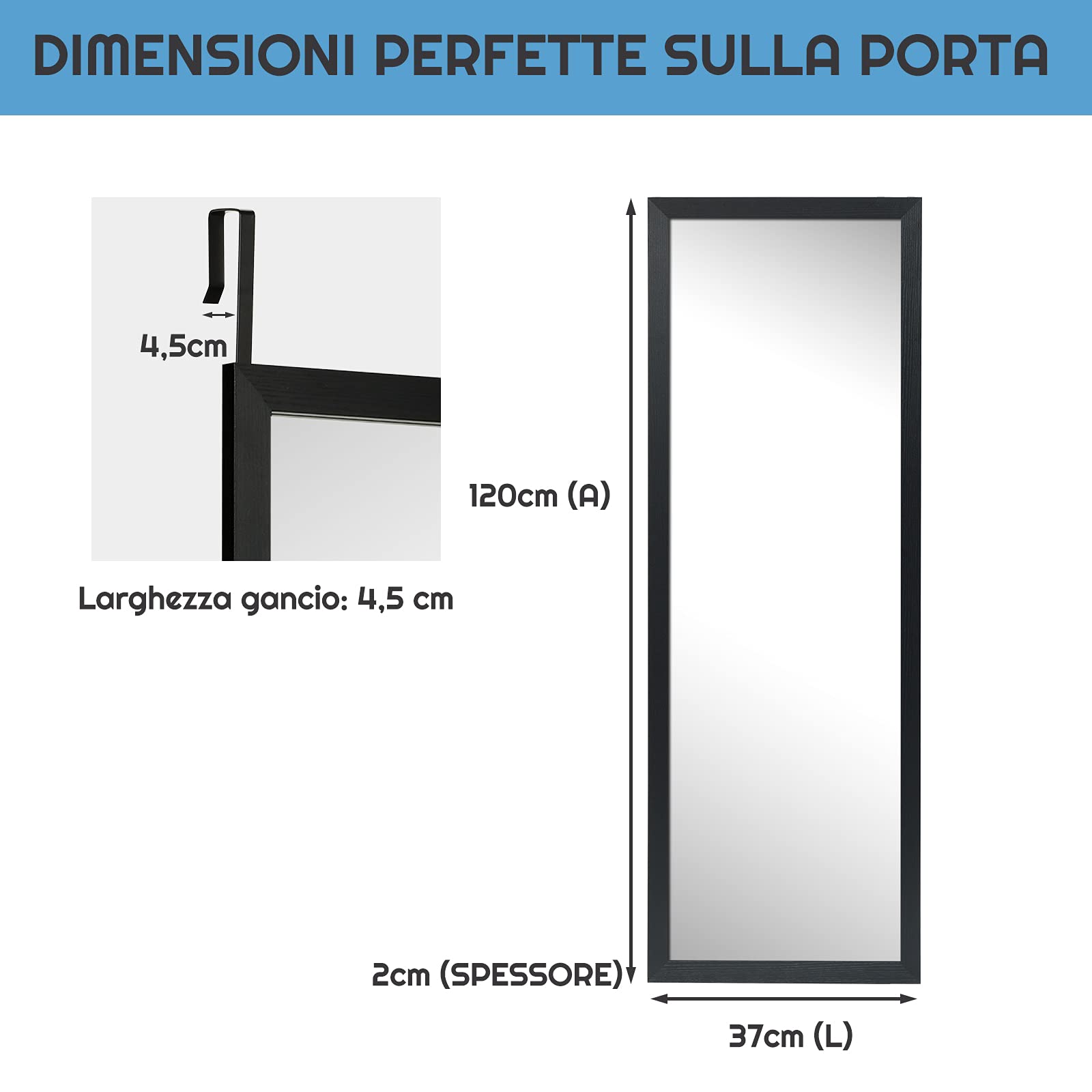 RELAX4LIFE Specchio Sospeso Rettangolare, Appendere alla Porta o alla Parete, Antideflagrante, a Figura Intera, per Ingresso, Bagno, Camera da Letto, 120x37x1,6 cm (Nero)