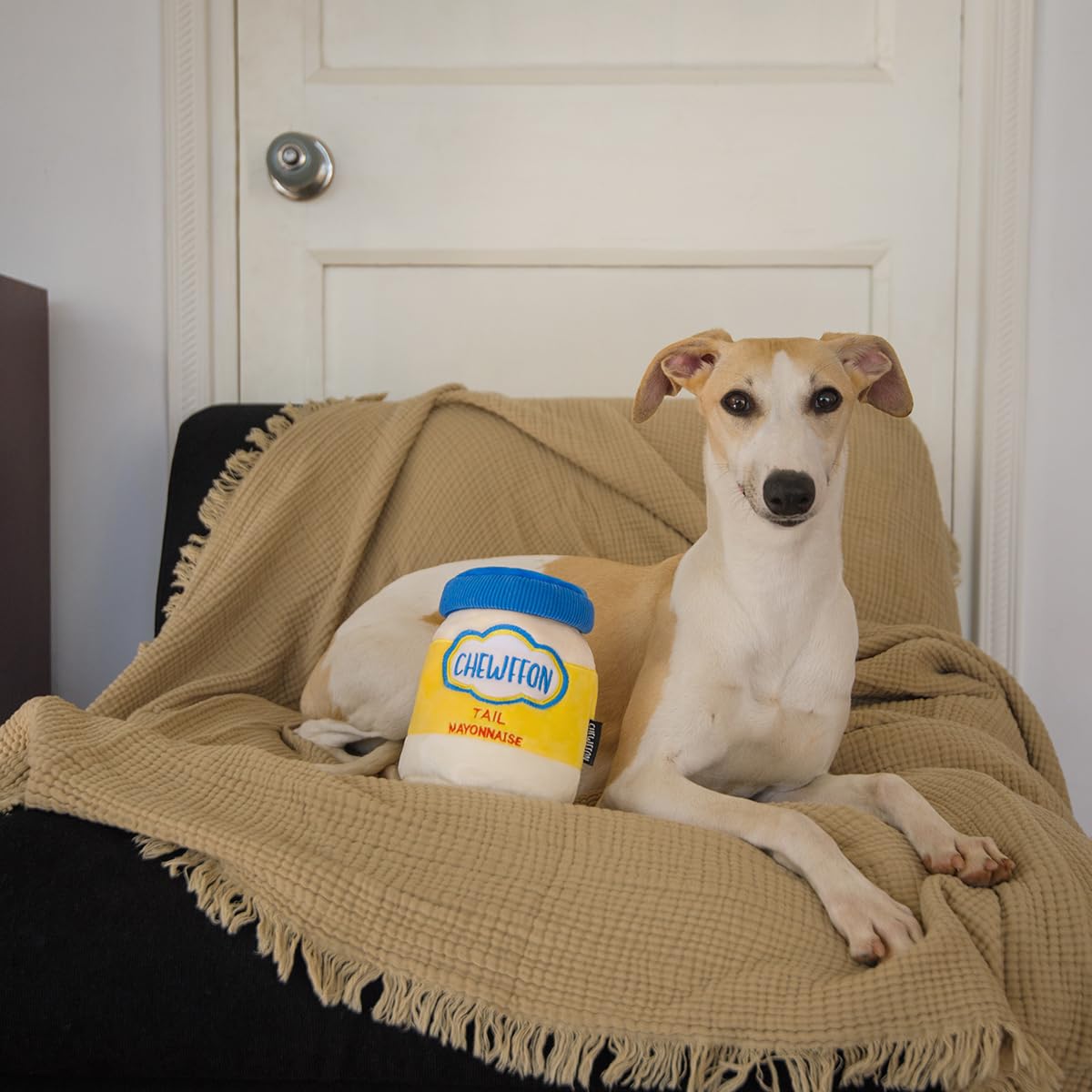 CHEWFFON Juguete para perros, rompecabezas interactivo de tarro de mayonesa, juguete de olfateo para estimulación mental, juguete arrugado para esconder y buscar para todos los tamaños de perros