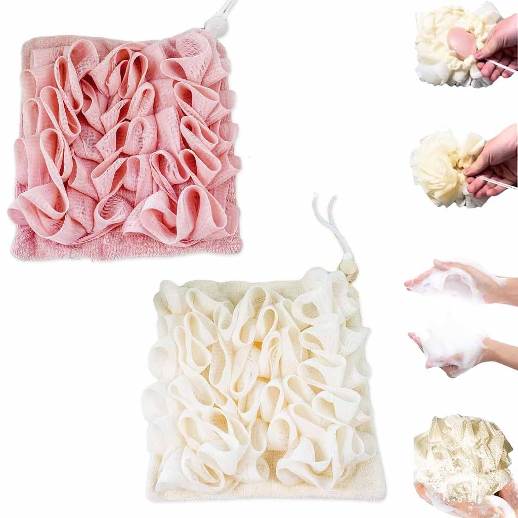 MAYCREATE® 2PCS Loofah Cloth for Bar Soap, Soft Loofah and Washcloth 2 in 1 Loofah Wash Cloth Loofah Combo Bath Ball Towel Loofah with Drawstring for Cleansing and Smooth Skin
