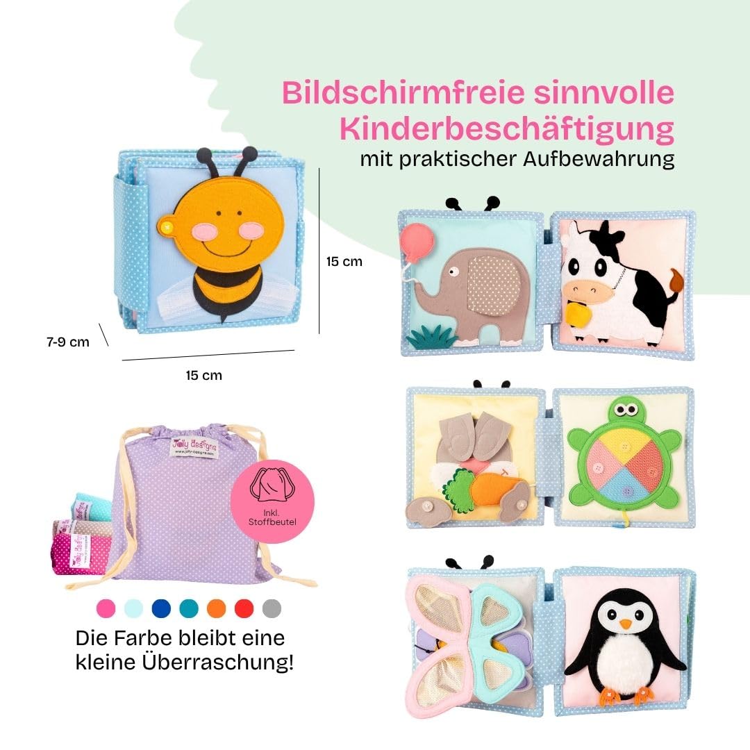 Jolly Designs – Kleine Biene - Mini Quiet Book – Montessori Spielzeug ab 6 Monaten – Motorik & Sensorik fördern – Handgefertigtes Filzbuch – Lernspielzeug für Kleinkinder – Busy Book für unterwegs