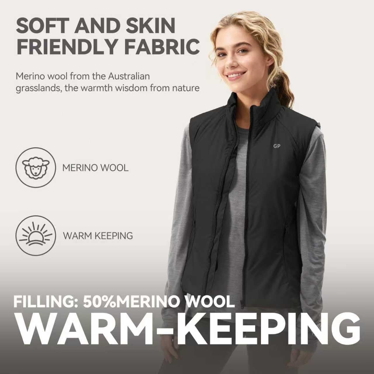 Women’s Merino Wool Blend Insulated Vest ,Sleeveless Jacket for Outdoor, Hiking, Travel & Everyday Wear - Image 3