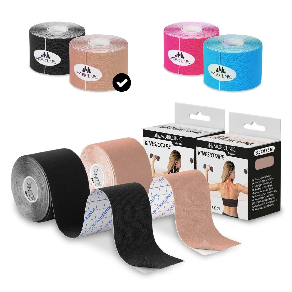 Mobiclinic, Pakiet 2 taśm kinesiotape, 5mx5cm, Mobitape, Elastyczna taśma samoprzylepna, Muscle pain relief, Elastyczny, Kinesiology bandage, Rolka, Czarny i beżowy