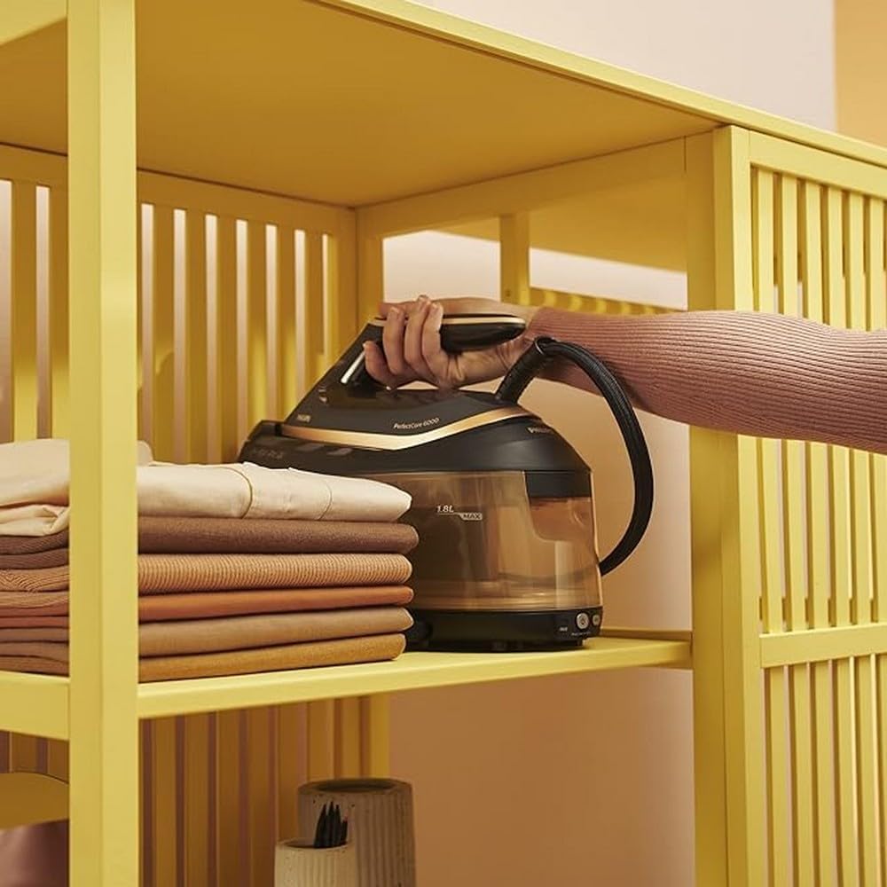 Philips PerfectCare 6000 Series iron being stored on a shelf