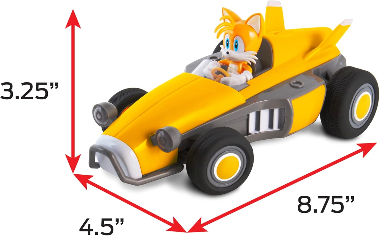 Tails RC car with its height, width, and length dimensions indicated.