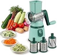 Ralador Rotativo Manual 3 em 1 com Manivela — Cortador e Fatiador de Legumes com 3 Lâminas em Aço Inox e Base com Ventosa, Ralador de Queijo, Cortador de Legumes, Utensílio de Cozinha Multifuncional
