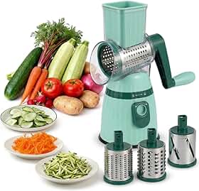 Ralador Rotativo Manual 3 em 1 com Manivela — Cortador e Fatiador de Legumes com 3 Lâminas em Aço Inox e Base com Ventosa, Ralador de Queijo, Cortador de Legumes, Utensílio de Cozinha Multifuncional