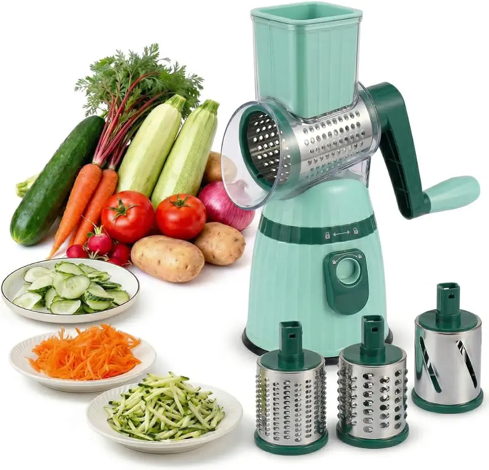 Ralador Rotativo Manual 3 em 1 com Manivela — Cortador e Fatiador de Legumes com 3 Lâminas em Aço Inox e Base com Ventosa, Ralador de Queijo, Cortador de Legumes, Utensílio de Cozinha Multifuncional