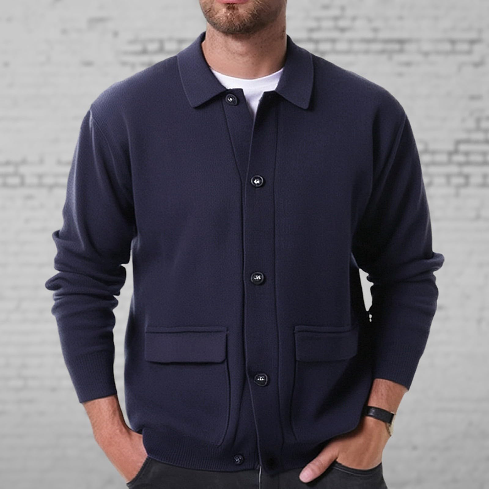 Cardigan Punto Botones Hombre, Chaqueta Punto Hombre con Cuello En V Forrado con Botones De Punto Grueso Chaqueta De Transición Cálida Rebecas con Botones Y Bolsillos para Exterior El Ocio