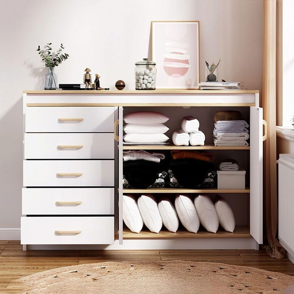 Living Room Chest of Drawers, Wooden Chest of Drawers with Storage Shelves for Bedroom, Multifunctional Storage Cabinet With 5 Drawers and 2 Doors for Home Office, Hallway Entryway Funiture Cabinet