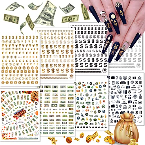 Kalolary 8 Sheets Money Dollar Nail Stickers Decals, 3D Golden Dollar Sign Sticker Wealthy Rich Style 100 Dollar Bills Self-Adhesive Nail Stickers, for Women Girls Nails Art DIY Decoration