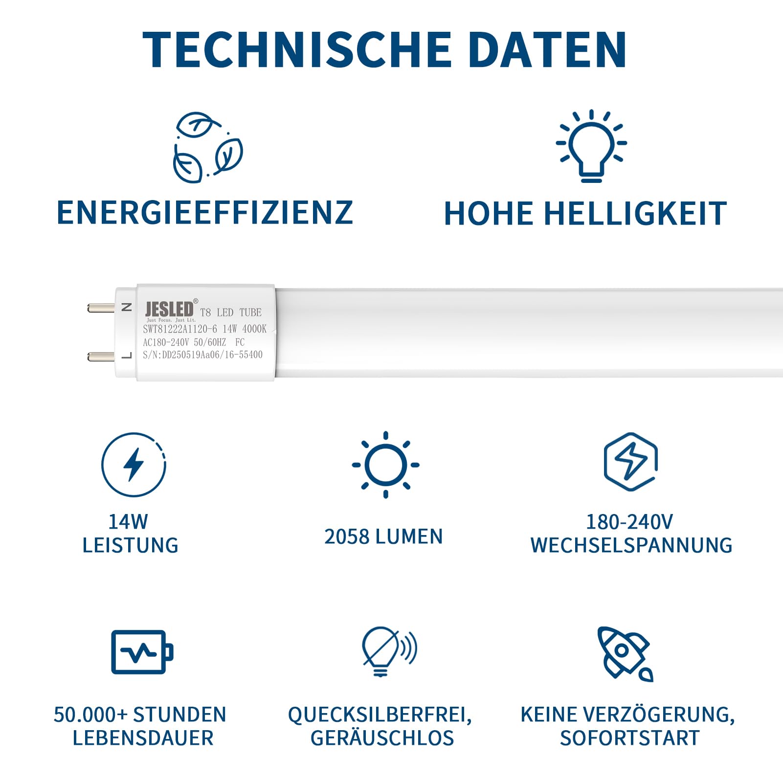 JESLED 2er Pack LED Röhre 120cm T8 G13-14W, 4000K, 2310 Lumen - PC-Material, hohe Lichtausbeute, inkl. Starter - Ideal für Büro, Supermarkt, Lagerhalle