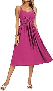 Women Summer Spaghetti Strap Midi Dress with Pockets Square Neck Tie Front Smocked Back Casual Boho Beach Sundress - Buy now