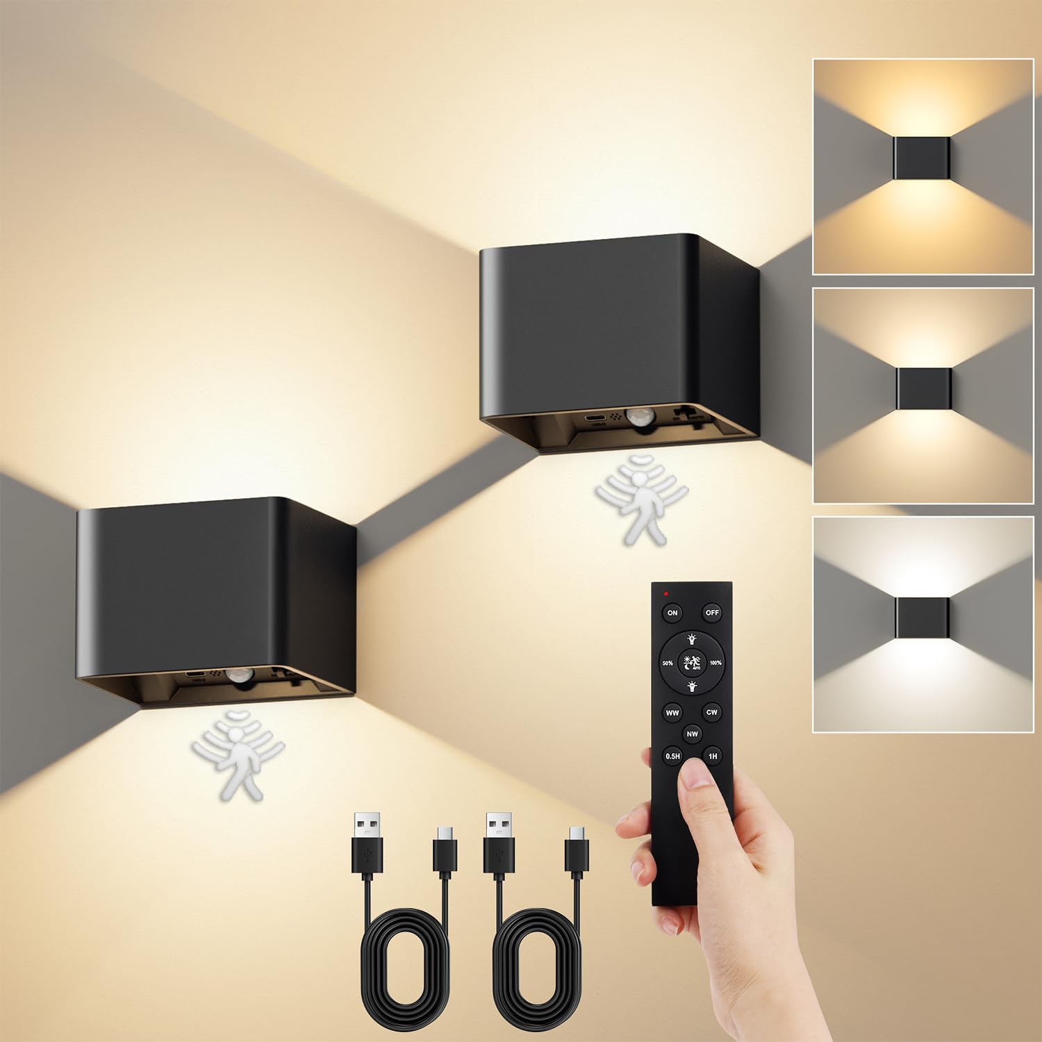 VIWAVE Rechargeable Wall Lights for Living Room No Drilling,5200mAh Battery Wall Lights with Motion Sensor & Remote,3 Colours LED Wall Light Wireless Dimmable,2P Stick on Wall Lamp Black Sconce Indoor