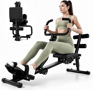 Sportneer Foldable Hydraulic Rowing Machine, 12-Level Home Gym Rower, Black | Multi Functional Row Machine with Transport Casters, Backrest, and 297lbs Max Weight Load