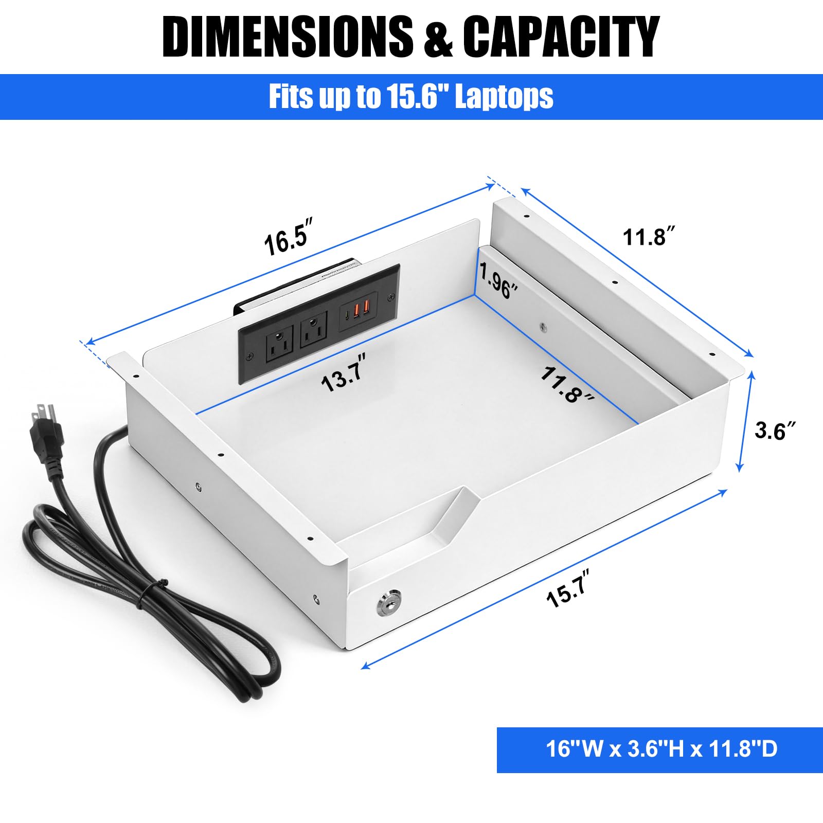 Cassetto portaoggetti sotto scrivania con serratura, cassetto da tavolo in metallo, cuscinetto a sfera, organizer per carta, matite e laptop, 40,6 x 30 x 9,1 cm, bianco con striscia di