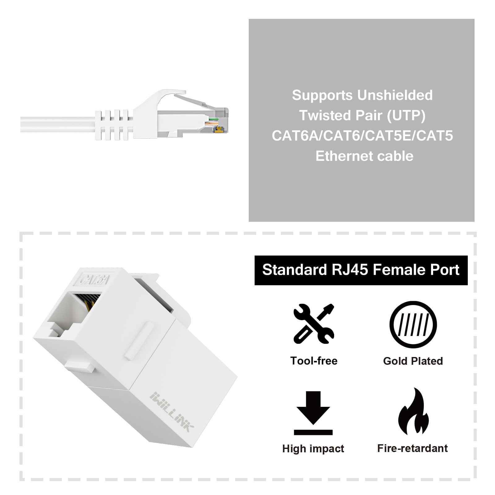 iwillink Acoplador Keystone RJ45 Cat6A, paquete de 25 unidades, conector Keystone Cat6a hembra a hembra, inserto de acoplador Keystone UTP, conector Keystone, acoplador Ethernet, blanco