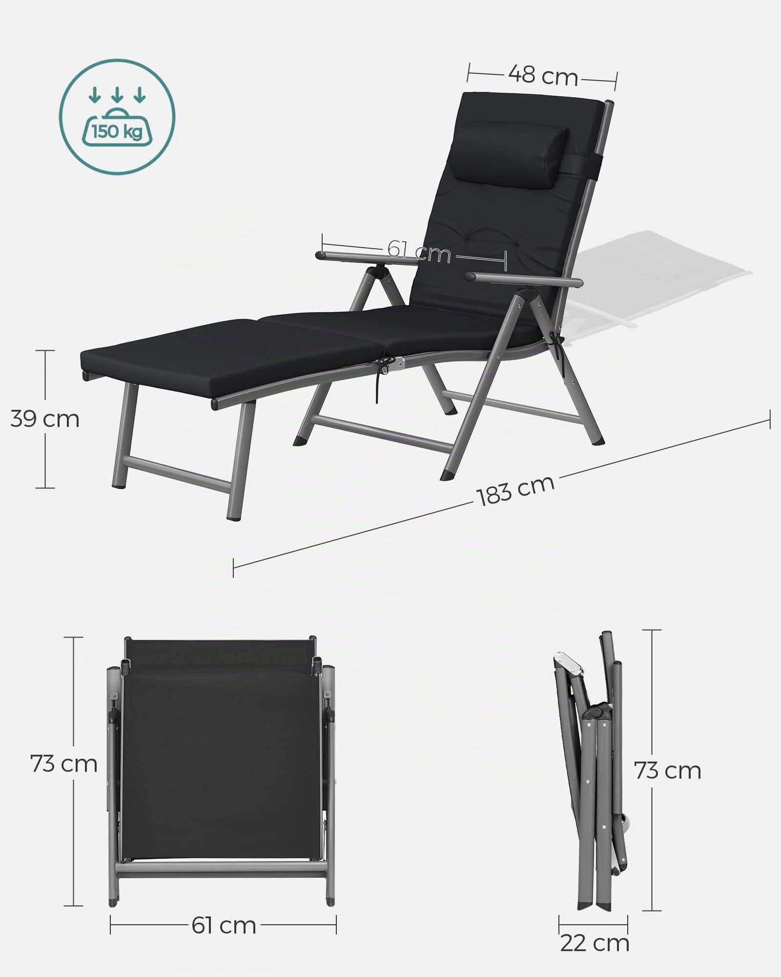 SONGMICS Tumbona Plegable con Cojín de 6 cm de Grosor, Reposacabezas Desmontable, Transpirable, Respaldo Ajustable, Soporta hasta 150 kg, Negro GCB24BK