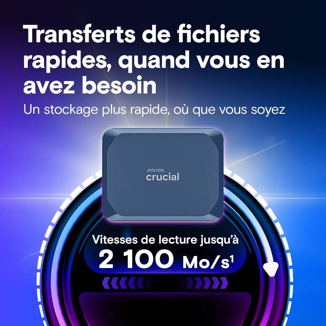 Crucial X10 2To Disque SSD Externe Portable, Jusqu’à 2100Mo/s, USB-C 3.2 Gen2, Résistance à la poussière et à l'eau classée IP65, Disque Dur Externe, Bleu Mat - CT2000X10SSD9-02 - 3