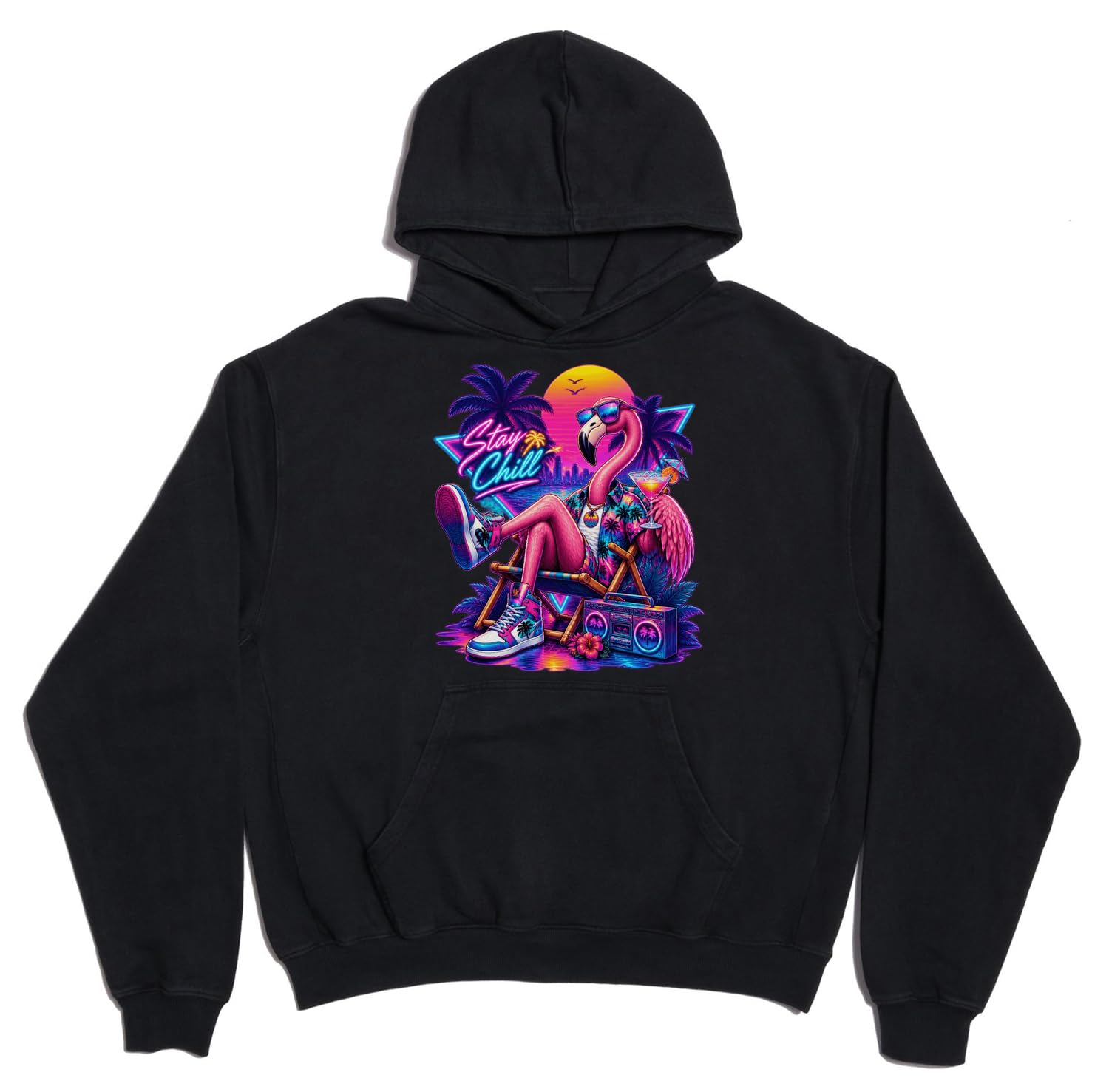 Retro Flaming Relaks w neonowym zachodzie słońca unisex oversize ciężka mieszanka bawełny bluza z kapturem czarna