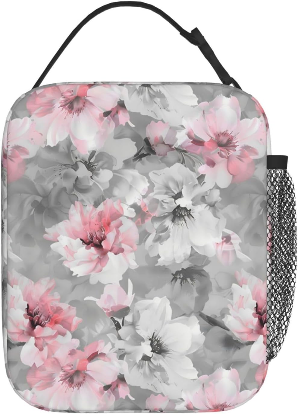 Reusable Floral Lunch Box for Kids Girls Boys Women Adult, Insulated Pink and White Flower Lunch Bag,Polyester Cooler Art Handbags Case for School Picnic Work Travel Beach or Hiking (Gray) - Image 3