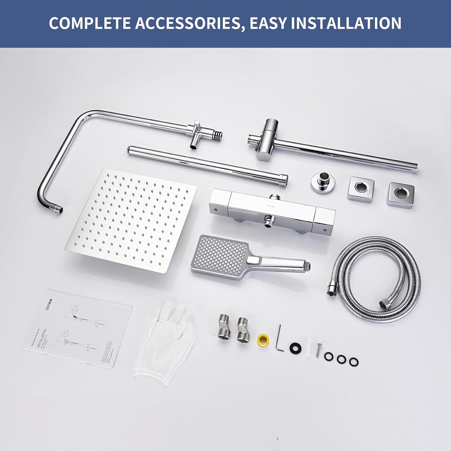 Columna Ducha Termostática, DETBOM Set de Ducha Cuadrado Acero Inox, Cabezal de Ducha de Lluvia, Barra Ducha de Altura Ajustable, Cromada