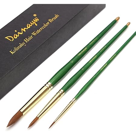 Dainayw Kolinsky Watercolor Brushes - 3pcs Round Tip Artist Detail Paint Brushes for Watercolor Acrylics Inks Gouache Painting