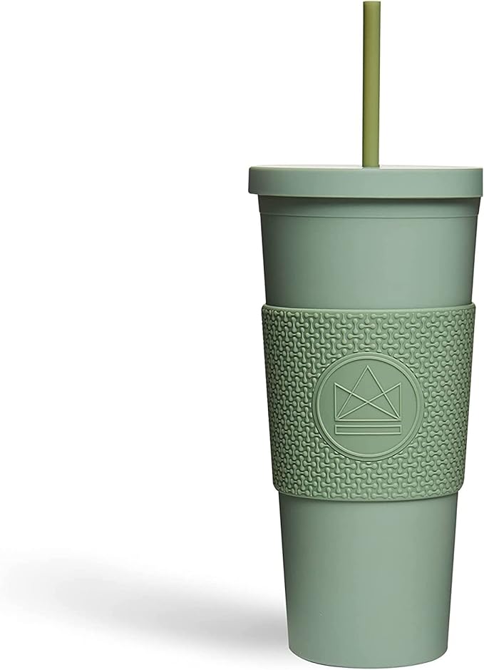 Neon Kactus Happy Camper Thermo Becher mit Strohhalm und Deckel, Lebensmittelechte Silikonhülle, Doppelwandig, Auslaufsicher, Matt-Pastellfarbe, Mehrweg Acryl, gestaltbares DIY-Geschenk, 650ml