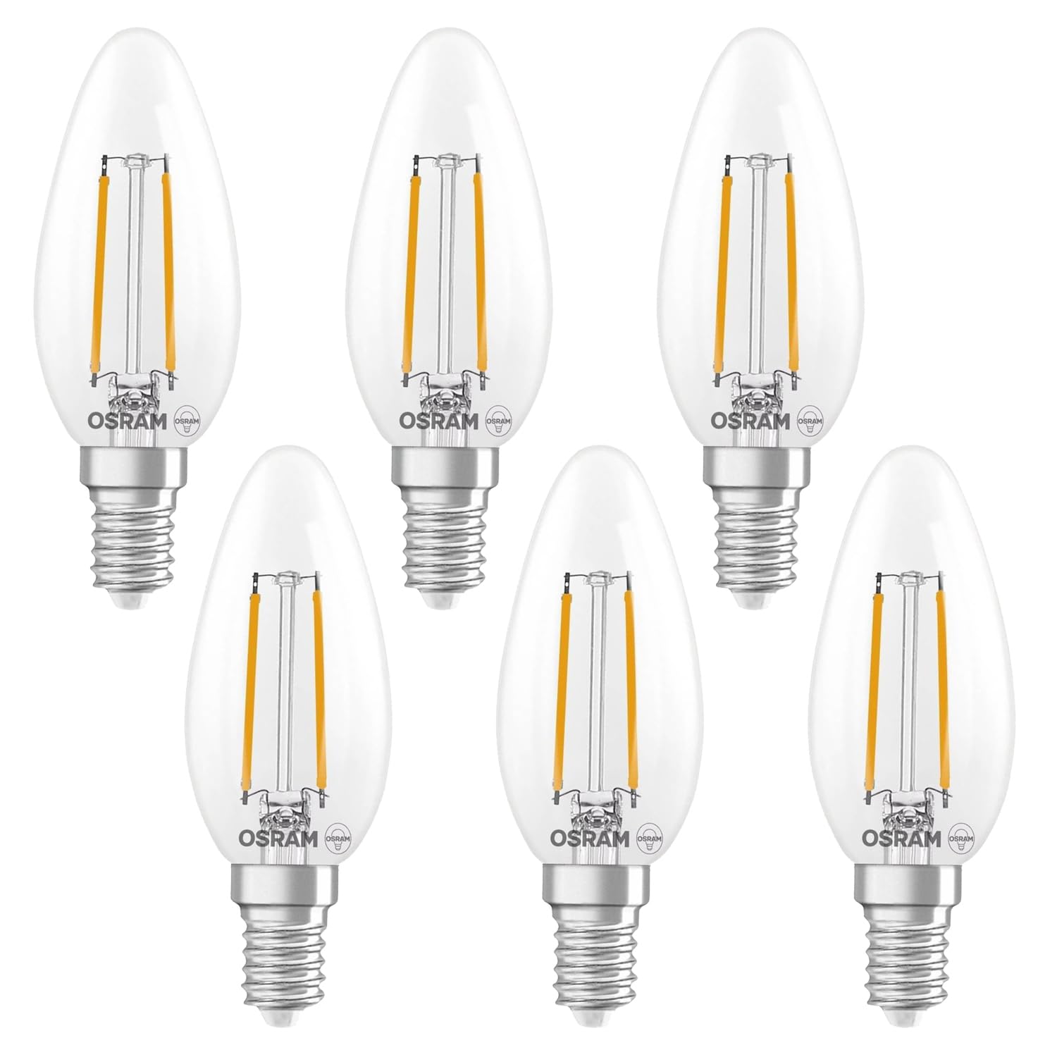 OSRAM LED lamp Superstar B25 Candle Shape Filament dimmable, 2700 K Warm White, 1.8 W, E14, Clear, 250 lm, 15,000 h, for Chandeliers, Bedside Lamps,6-Pack