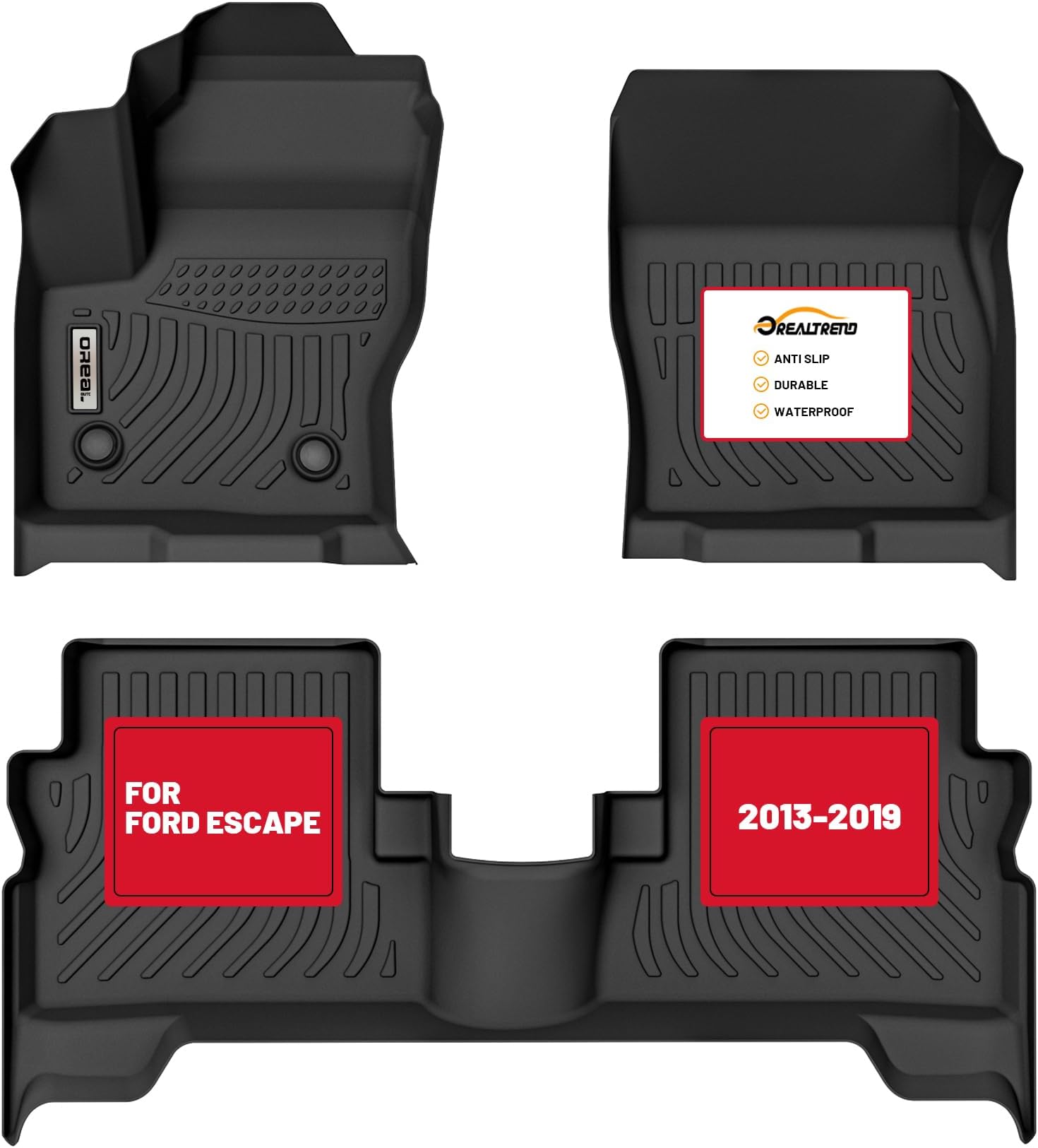 orealtrend Car Floor Mats Compatible with Ford Escape 2013-2019 Floor Liners Heavy Duty All Weather Guard Water Spill Proof Black Front Rear Car Carpet Custom Fitted Odorless Anti Slip