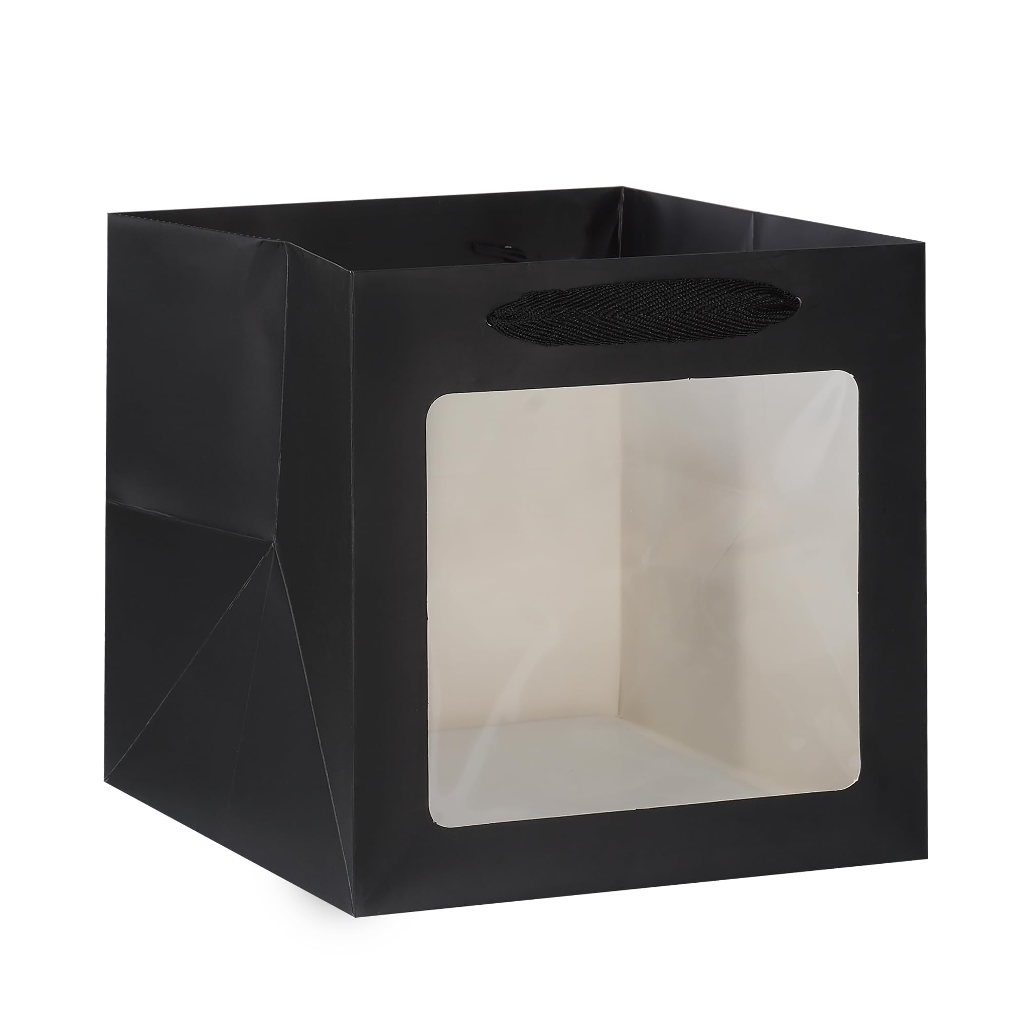 KEYYOOMY Black Square Kraft Paper Gift Bags with Window- Small Square Bottom Gift Bag with Handles Party Favor Bag for Wedding Party Birthday
