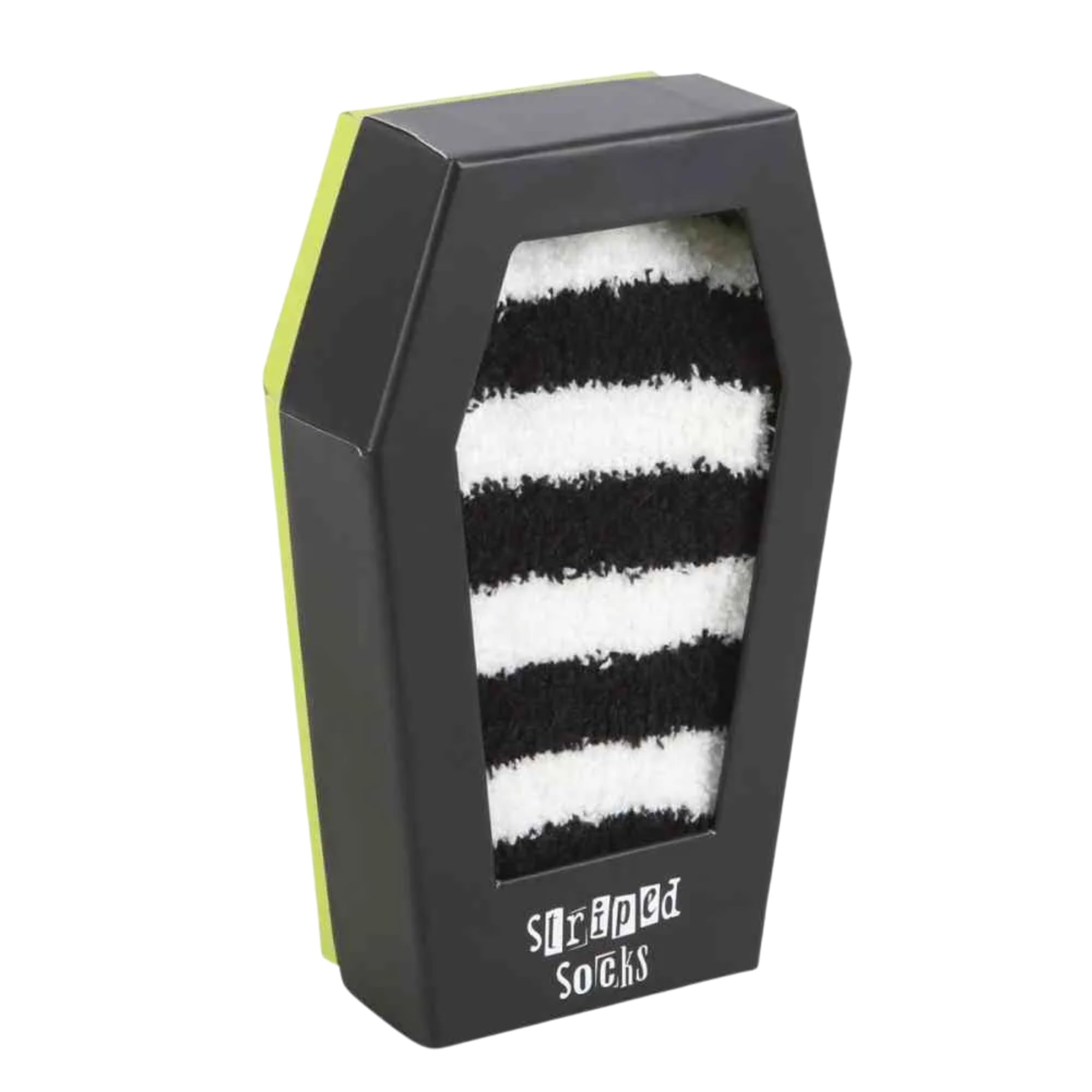 W-Direct Striped Fluffy Black & White Socks in Coffin Gift Box – Gothic Emo Aesthetic – Unique Coffin Box Gift for Goth, Alternative & Emo Fans – Soft Fuzzy Striped Socks [White & Black]