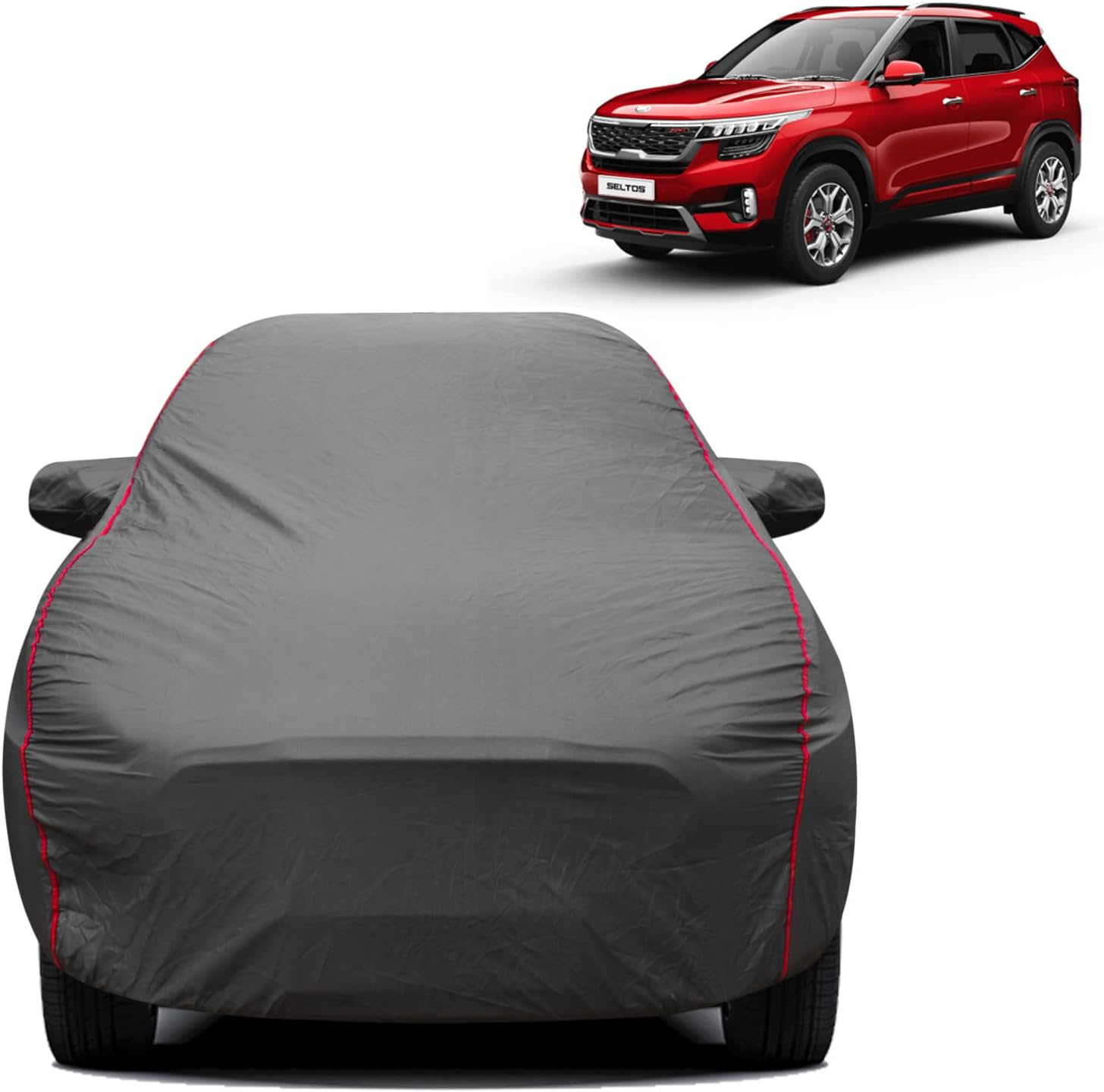 Spaiko Car Body Cover Compatible with kia seltos Car Cover Heavy Duty With Red Piping Triple Stitched with Mirror Pockets (Grey, Full Sized)