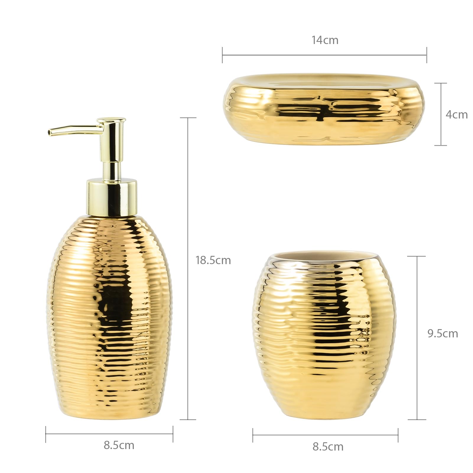 Gold Seifenspender Set, 3-teiliges Keramik Badezimmer Zubehör Set, Badezimmer Seifenschale und Luxus Cup Set（Streifen）