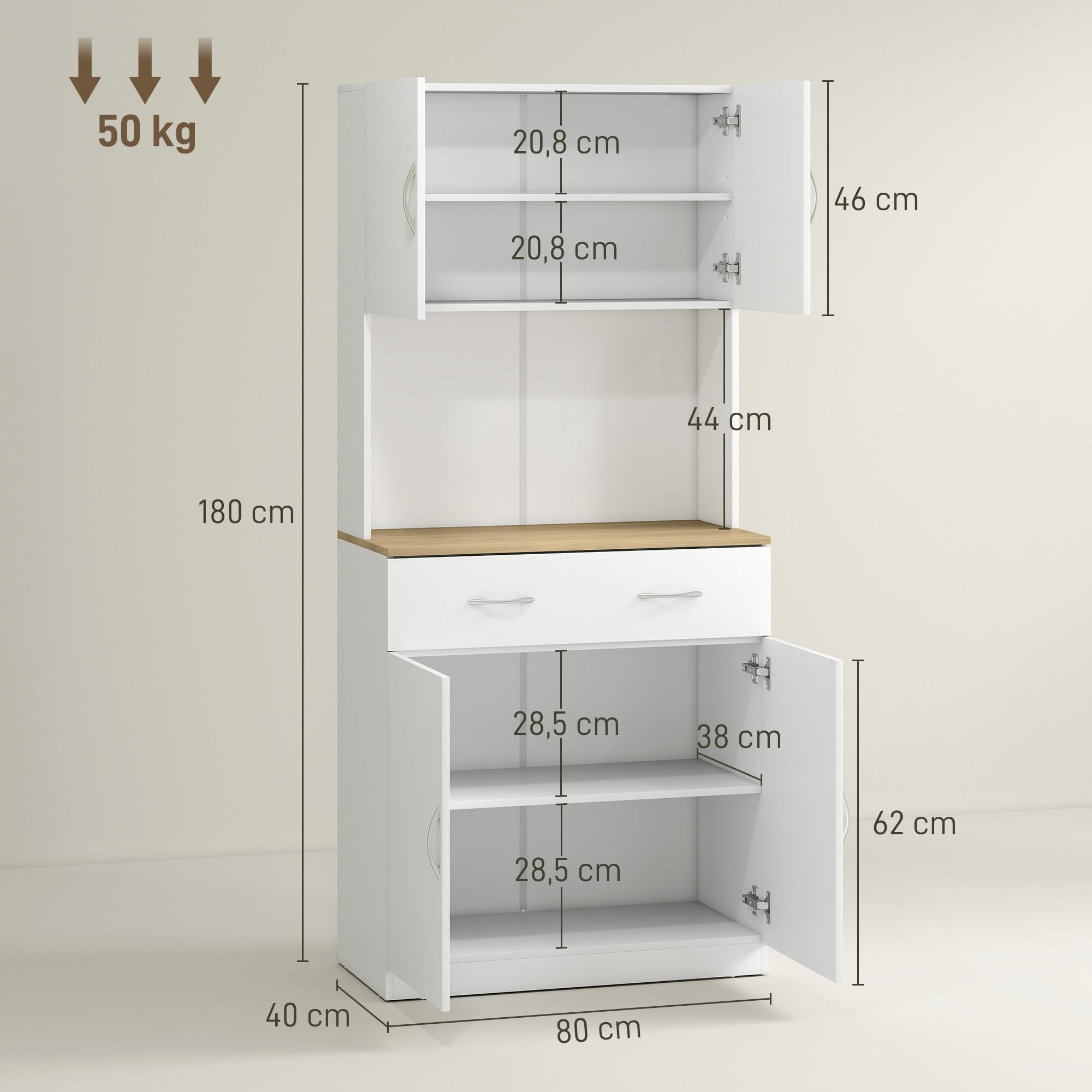 HOMCOM Alacena de Cocina Mueble Auxiliar de Cocina con Puertas Cajón y Estantes Ajustables Antivuelco para Comedor Salón 80x40x180 cm Blanco