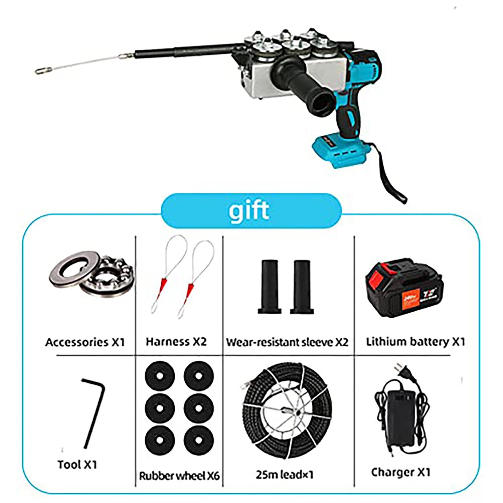 Strumento per infilare cavi, macchina automatica per infilare cavi, batteria al litio da 6000 mAh, velocità 40 m/min per infilare e tirare cavi elettrici, include cavo di piombo da 25 m