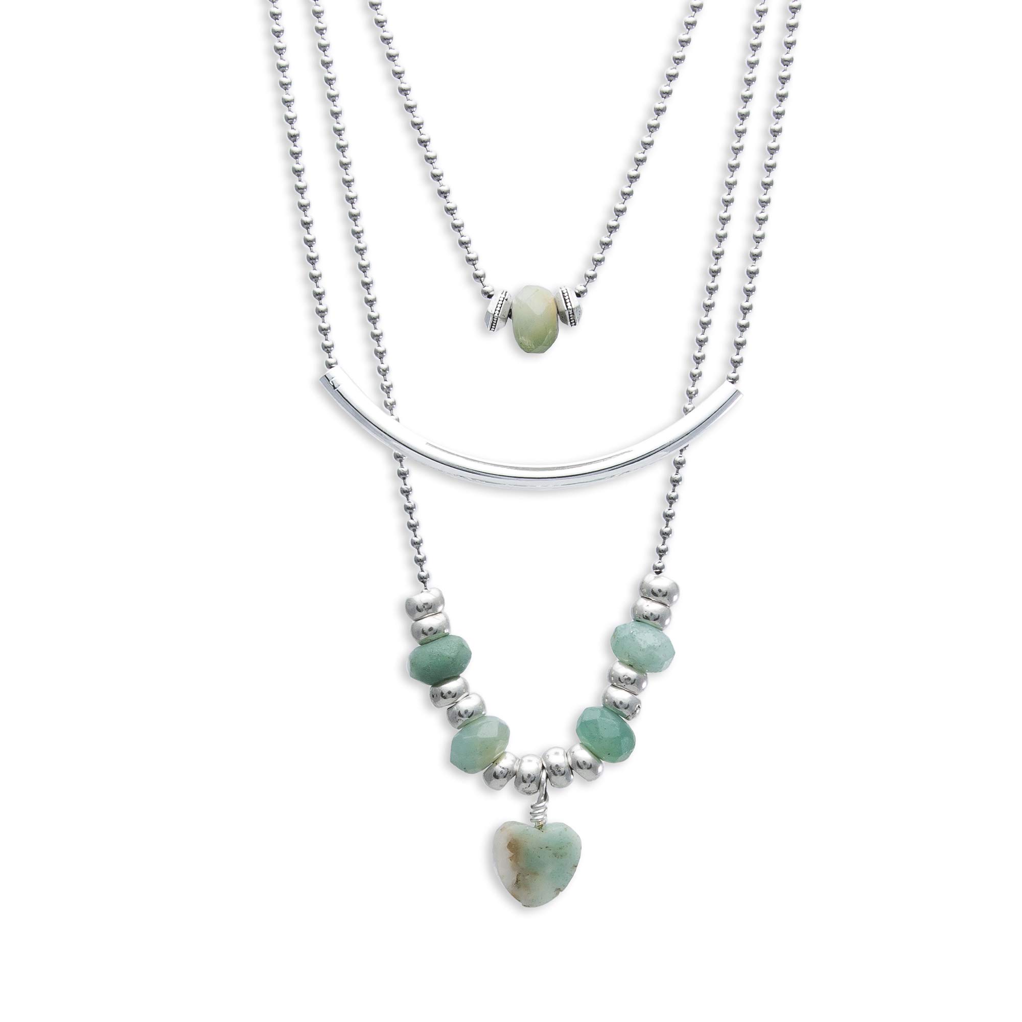 Lizzy James Annatto 3 Strand Layered Stainless Steel Chain Necklace with Amazonite Beads and Quartz Heart Charm