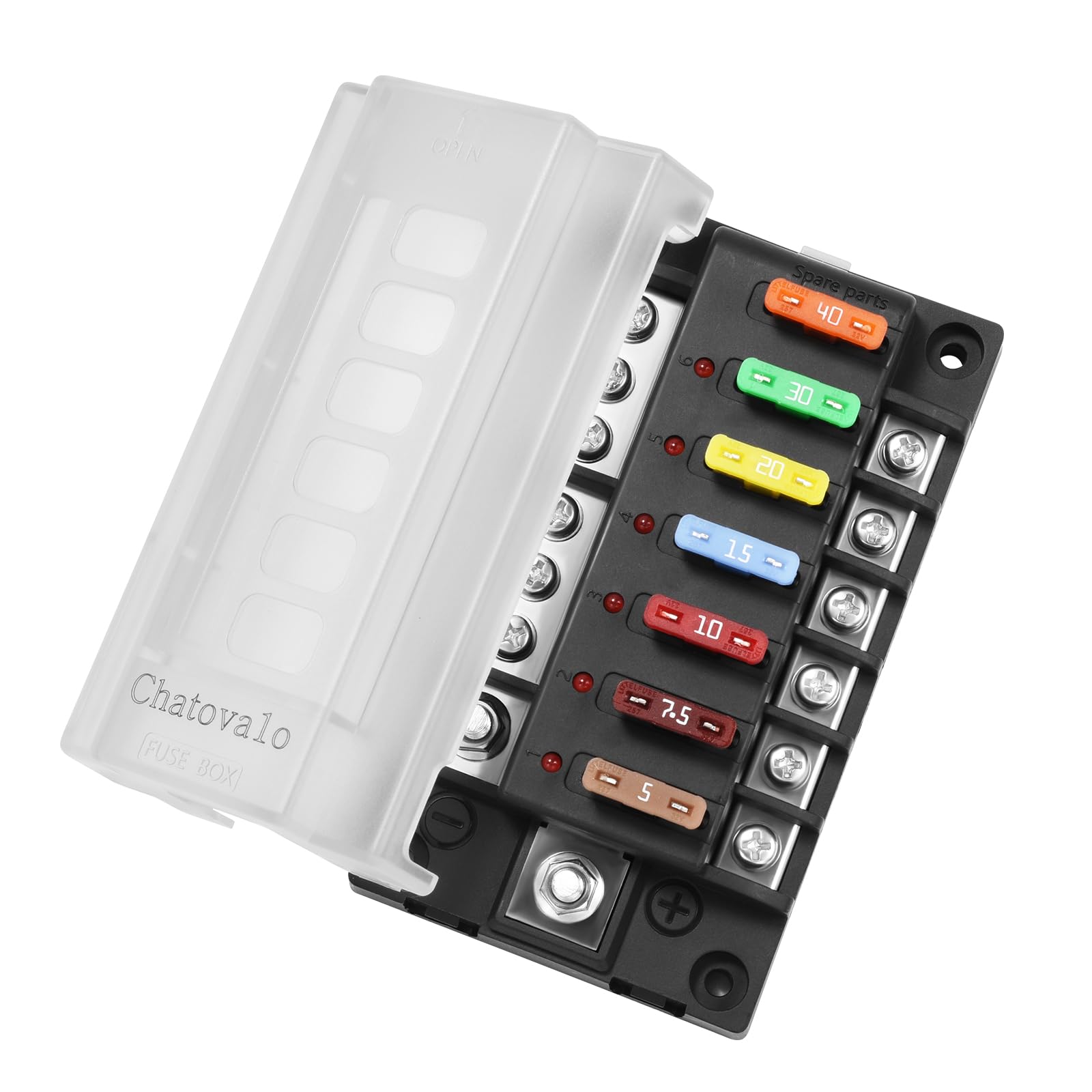 Chatovalo 6-fach Sicherungshalter inkl. 7 Flachsicherungen, 12V/24V/48V Sicherungsdose mit Sammelschiene & LED-Anzeige, Stromverteiler für Auto, Wohnmobil, Boot, LKW