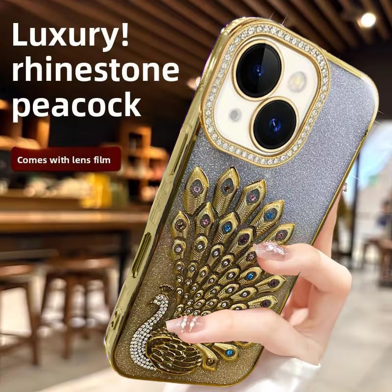 Image of mobistyle Designed for iPhone 15 Plus,3D Diamond Luxury Electroplate Glitter Peacock Tail Bling Design Camera Protection Shockproof Phone Back Cover Case for (Gold, iPhone 15 Plus)