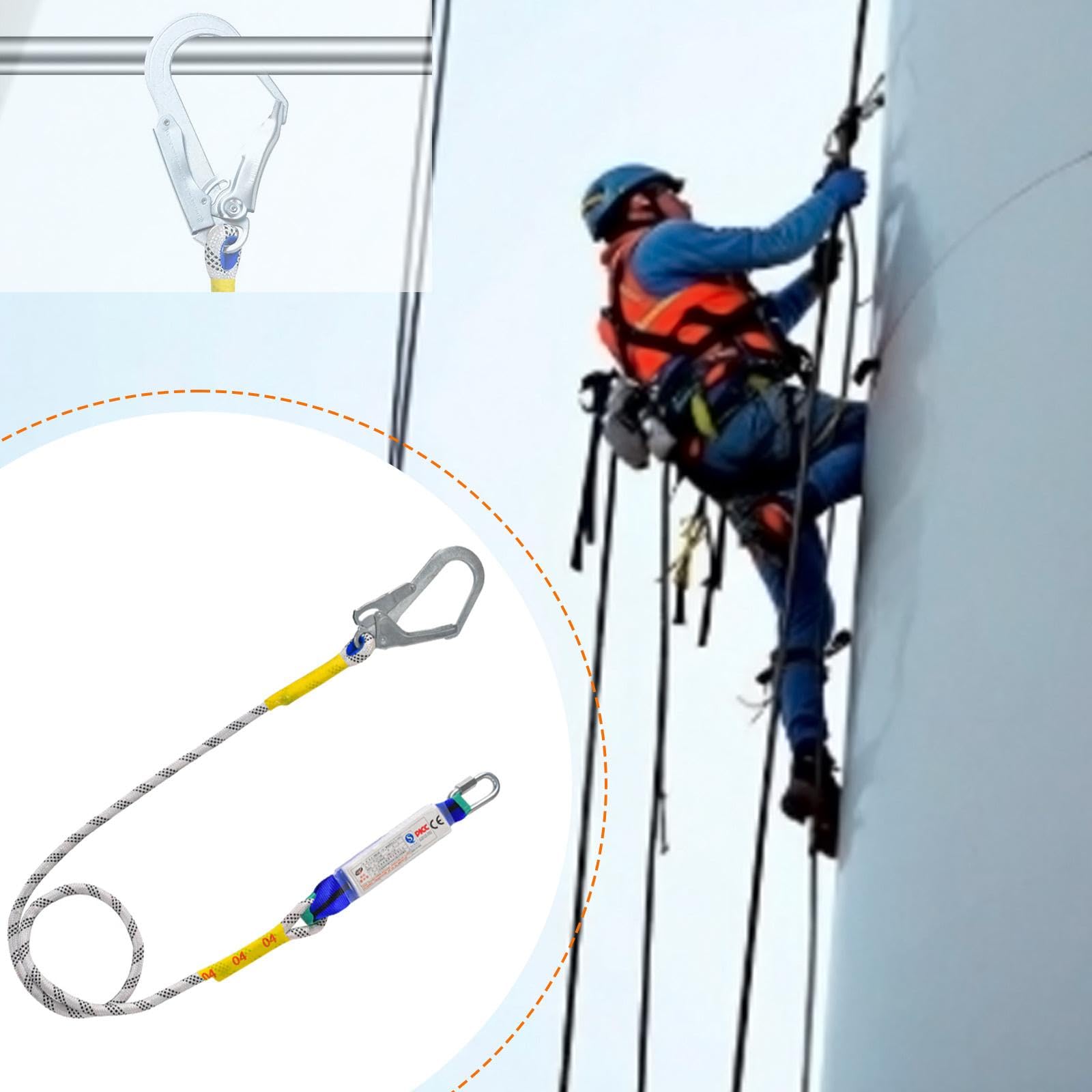 perfk Arnés de seguridad con cordón, de protección, práctico de trabajo de 2 m con mosquetón para montañismo, valla exterior, Paquete de Búfer de Gancho único