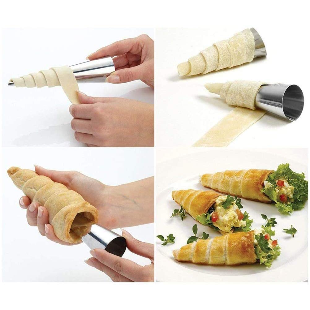 XLKJ 16 stuks crèmevormpjes roestvrij staal schroef croissant mal, gebak roll hoorn mal, kegelvormige bakvorm met 1 stuk reinigingsborstel, voor croissant shell crème rol
