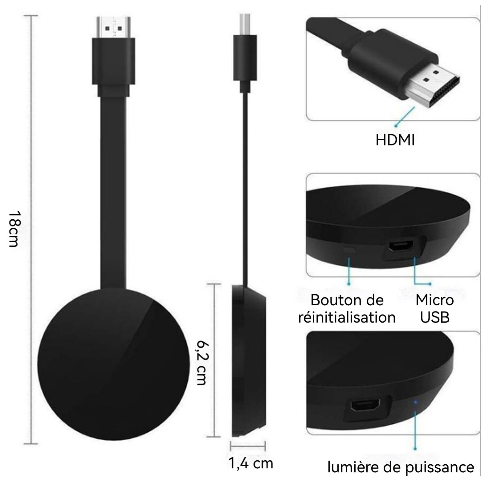 Streamer multimedialny WiFi, ulepszona wersja bezprzewodowa, Google 1080p HDMI 4G, kompatybilna z TV/monitorem/projektorem, obsługa WiFi 2,4 GHz, połączenie USB/MicroUSB, chromowana obsada