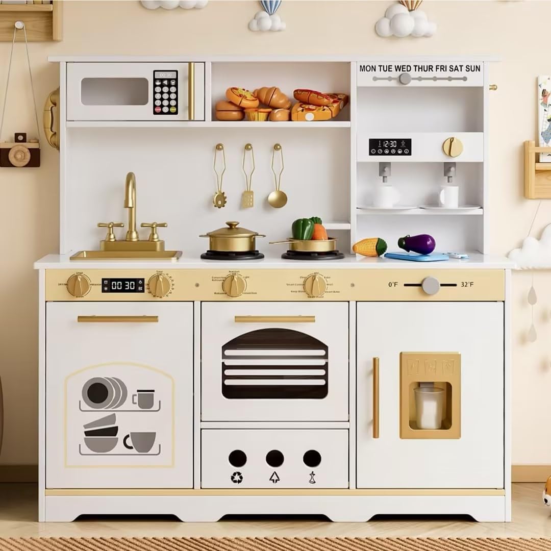 Juego de cocina de madera para niños pequeños, juego de cocina para niños con luces y sonidos realistas, cocina de juguete grande de 35.8 pulgadas