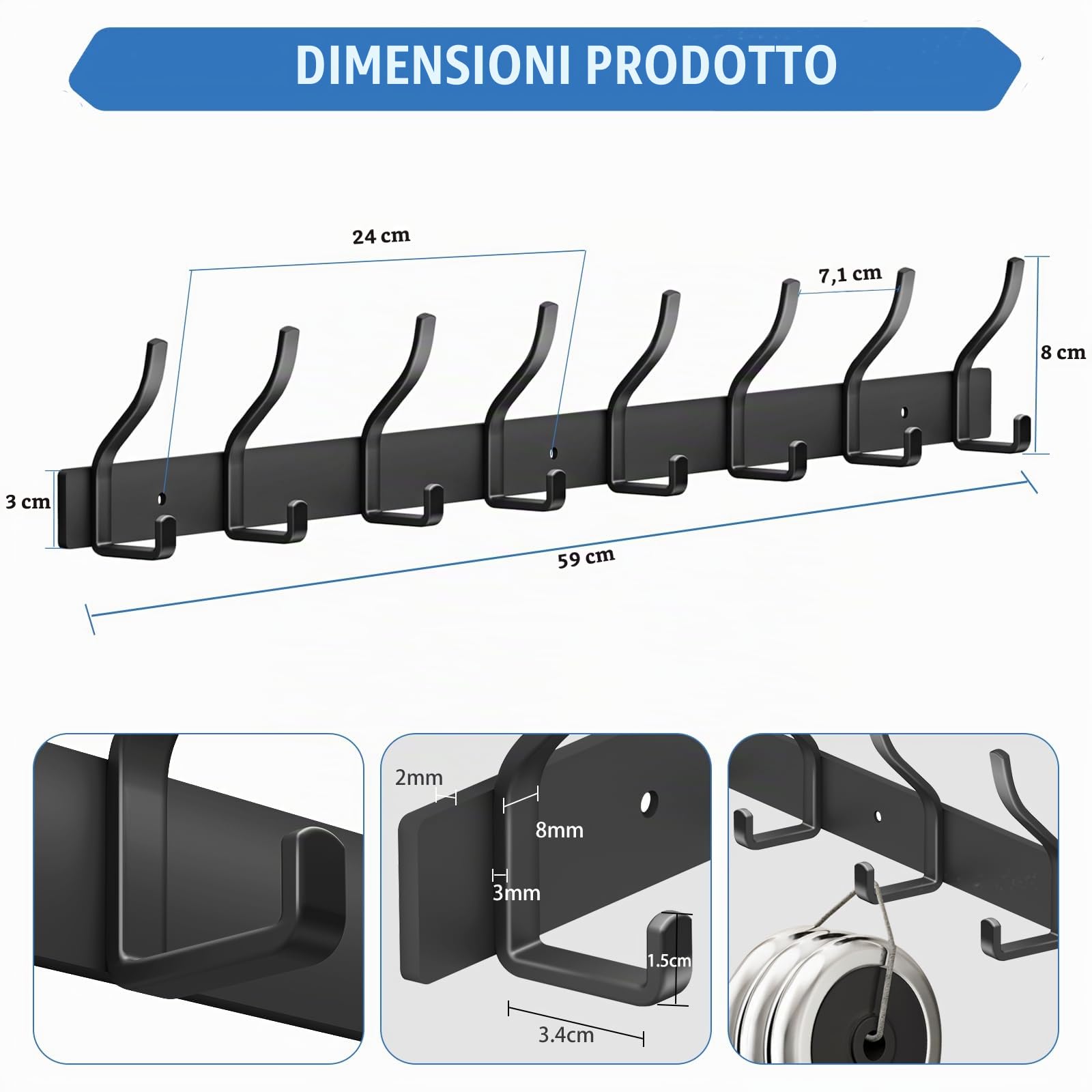 Appendiabiti da Parete, Attaccapanni da Muro in Acciaio Inossidabile, Appendiabiti da Muro per Ingresso, Cameretta e Bagno (Nero, 8 Gancio 2Pc)
