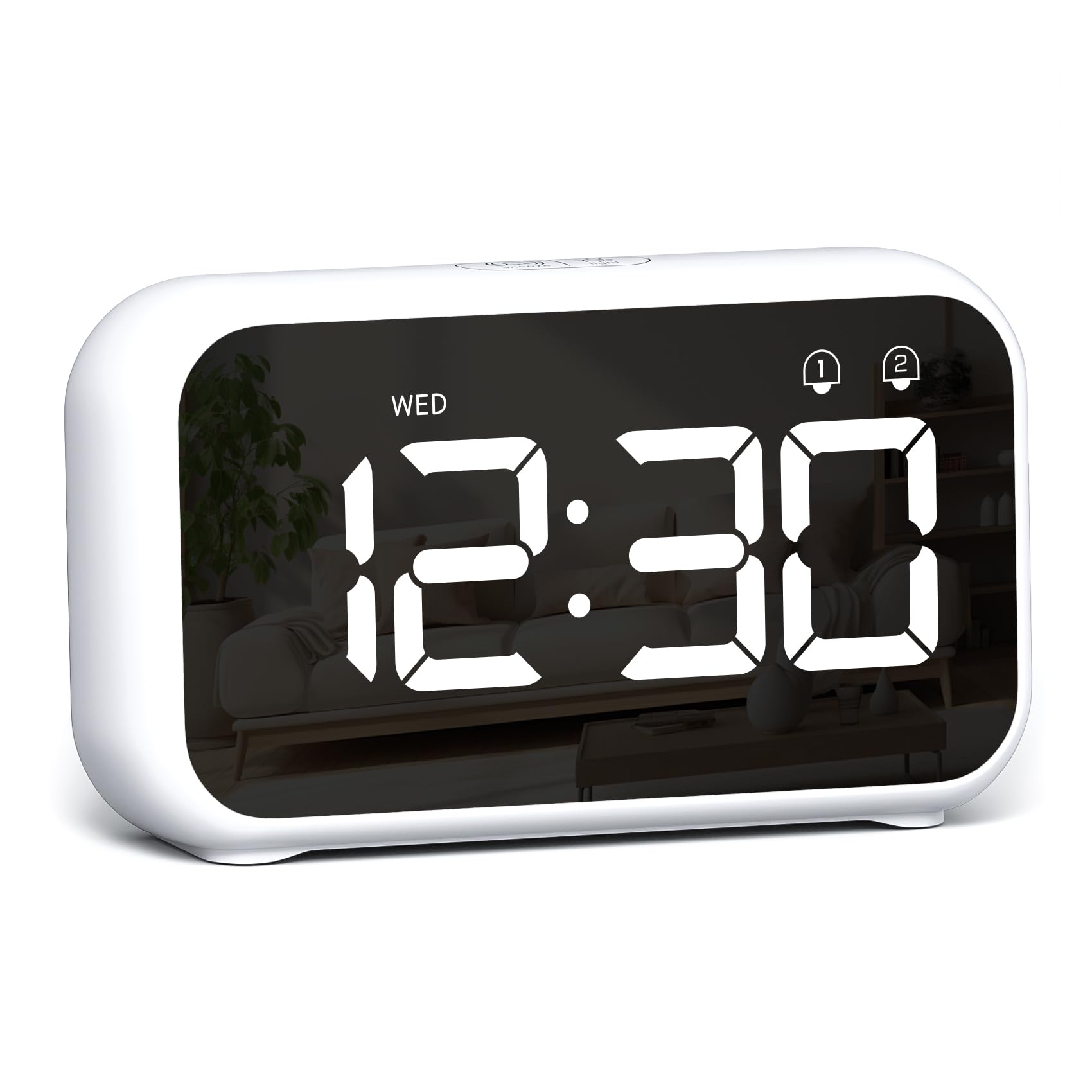 LATEC Alarm Clock, Digital Alarm Clock Bedside with LED Display, 4 Levels Brightness, 8 Volume, 40 Alarm Tones, Snooze, Dual Alarms, Week Display, 12/24H, Power-Off Memory, Bedside Clock White